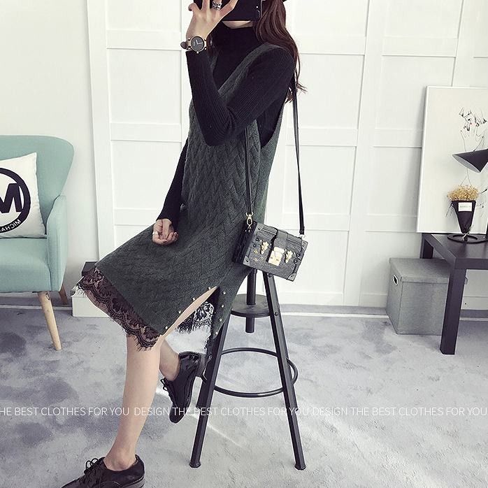 レディース　ニット　ワンピース　ミモレ丈　ノースリーブ　深Vネック　裾レース　サイドスリット　無地　フリーサイズ　カジュアル　大人可愛い　デート　お出かけ　デイリー　グリーン　ダークグレー　ブラウン　送料無料