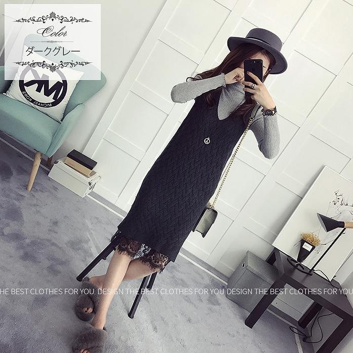 レディース　ニット　ワンピース　ミモレ丈　ノースリーブ　深Vネック　裾レース　サイドスリット　無地　フリーサイズ　カジュアル　大人可愛い　デート　お出かけ　デイリー　グリーン　ダークグレー　ブラウン　送料無料