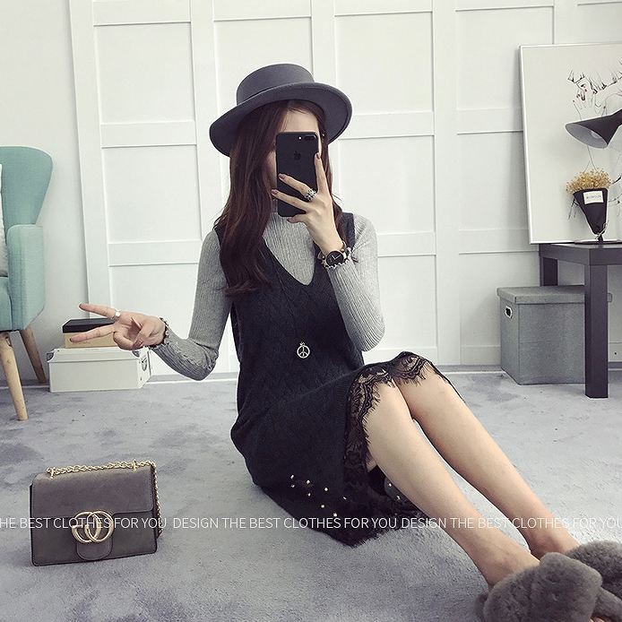 レディース　ニット　ワンピース　ミモレ丈　ノースリーブ　深Vネック　裾レース　サイドスリット　無地　フリーサイズ　カジュアル　大人可愛い　デート　お出かけ　デイリー　グリーン　ダークグレー　ブラウン　送料無料