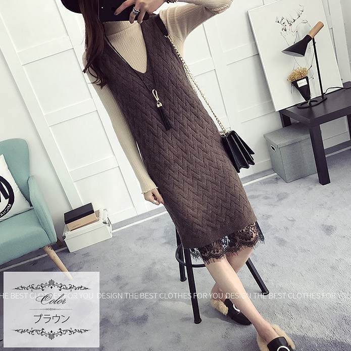 レディース　ニット　ワンピース　ミモレ丈　ノースリーブ　深Vネック　裾レース　サイドスリット　無地　フリーサイズ　カジュアル　大人可愛い　デート　お出かけ　デイリー　グリーン　ダークグレー　ブラウン　送料無料