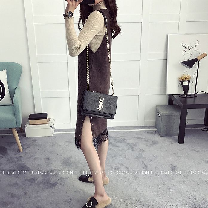 レディース　ニット　ワンピース　ミモレ丈　ノースリーブ　深Vネック　裾レース　サイドスリット　無地　フリーサイズ　カジュアル　大人可愛い　デート　お出かけ　デイリー　グリーン　ダークグレー　ブラウン　送料無料