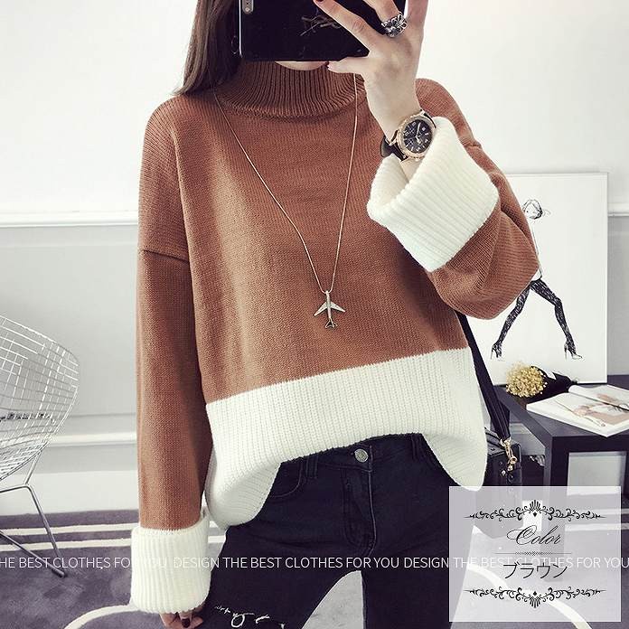 レディース　トップス　ニット　セーター　ハイネック　長袖　無地　ビッグシルエット　長袖　無地　フリーサイズ　カジュアル　大人可愛い　フェミニン　デート　お出かけ　デイリー　ネイビー　グリーン　ブラウン　送料無料