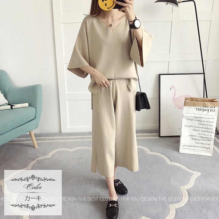 レディース　セットアップ　ニット　七分袖　Vネック　ワイドパンツ　七分丈　ルーズニット　2点セット　スリット　ゆったり　シンプル　カジュアル　可愛い　フェミニン　きれいめ　おしゃれ　お出かけ　通勤　ブラック　黒　カーキ　フリーサイズ　送料無料