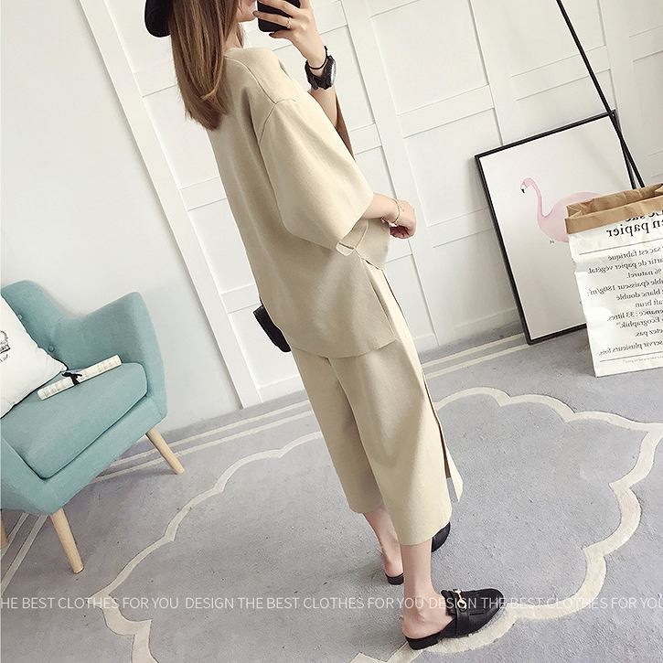 レディース　セットアップ　ニット　七分袖　Vネック　ワイドパンツ　七分丈　ルーズニット　2点セット　スリット　ゆったり　シンプル　カジュアル　可愛い　フェミニン　きれいめ　おしゃれ　お出かけ　通勤　ブラック　黒　カーキ　フリーサイズ　送料無料