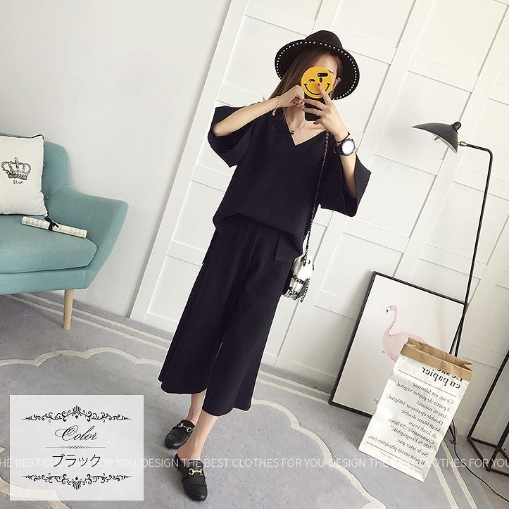 レディース　セットアップ　ニット　七分袖　Vネック　ワイドパンツ　七分丈　ルーズニット　2点セット　スリット　ゆったり　シンプル　カジュアル　可愛い　フェミニン　きれいめ　おしゃれ　お出かけ　通勤　ブラック　黒　カーキ　フリーサイズ　送料無料