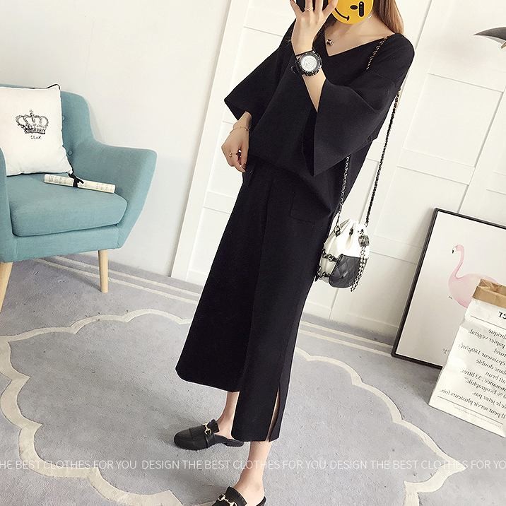レディース　セットアップ　ニット　七分袖　Vネック　ワイドパンツ　七分丈　ルーズニット　2点セット　スリット　ゆったり　シンプル　カジュアル　可愛い　フェミニン　きれいめ　おしゃれ　お出かけ　通勤　ブラック　黒　カーキ　フリーサイズ　送料無料