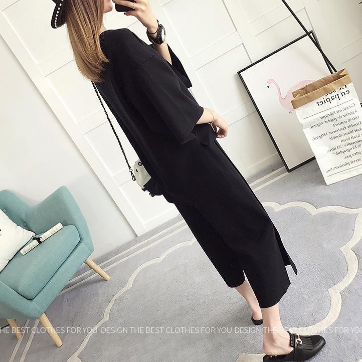 レディース　セットアップ　ニット　七分袖　Vネック　ワイドパンツ　七分丈　ルーズニット　2点セット　スリット　ゆったり　シンプル　カジュアル　可愛い　フェミニン　きれいめ　おしゃれ　お出かけ　通勤　ブラック　黒　カーキ　フリーサイズ　送料無料