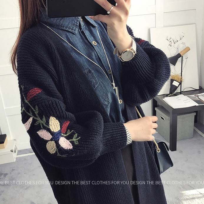 レディース　トップス　ロングカーディガン　アウター　コート　ニット　厚手　秋　花柄　刺繍　シンプル　カジュアル　可愛い　フェミニン　おしゃれ　デート　お出かけ　普段着　グレー　ホワイト　ネイビー　フリーサイズ　送料無料