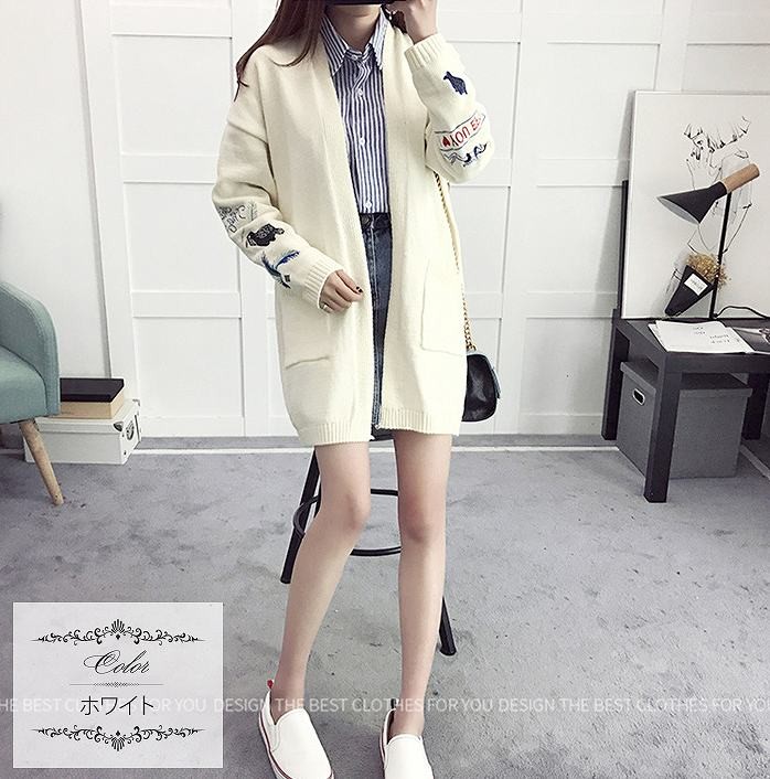 レディース　トップス　ロングカーディガン　アウター　コート　ニット　秋　刺繍　シンプル　カジュアル　可愛い　フェミニン　おしゃれ　デート　お出かけ　普段着　フリーサイズ　ホワイト　カーキ　ブラック　送料無料