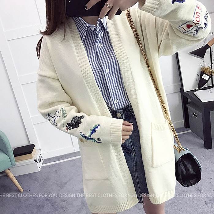 レディース　トップス　ロングカーディガン　アウター　コート　ニット　秋　刺繍　シンプル　カジュアル　可愛い　フェミニン　おしゃれ　デート　お出かけ　普段着　フリーサイズ　ホワイト　カーキ　ブラック　送料無料