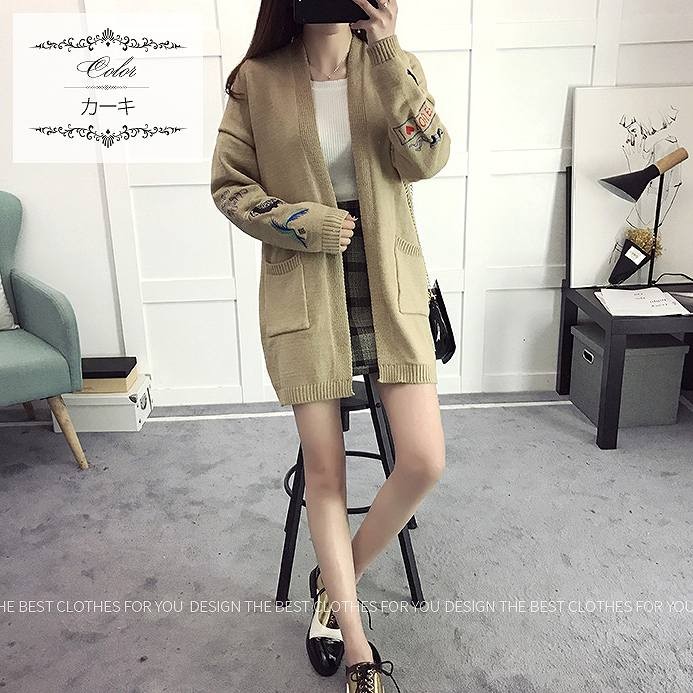 レディース　トップス　ロングカーディガン　アウター　コート　ニット　秋　刺繍　シンプル　カジュアル　可愛い　フェミニン　おしゃれ　デート　お出かけ　普段着　フリーサイズ　ホワイト　カーキ　ブラック　送料無料