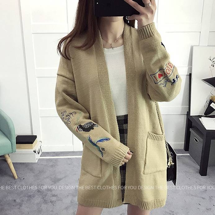 レディース　トップス　ロングカーディガン　アウター　コート　ニット　秋　刺繍　シンプル　カジュアル　可愛い　フェミニン　おしゃれ　デート　お出かけ　普段着　フリーサイズ　ホワイト　カーキ　ブラック　送料無料