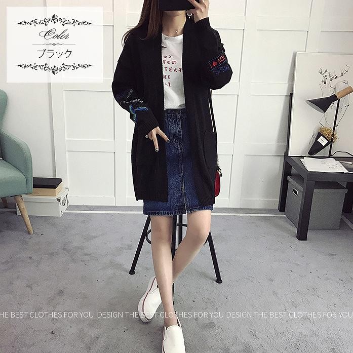 レディース　トップス　ロングカーディガン　アウター　コート　ニット　秋　刺繍　シンプル　カジュアル　可愛い　フェミニン　おしゃれ　デート　お出かけ　普段着　フリーサイズ　ホワイト　カーキ　ブラック　送料無料