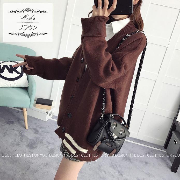 レディース　トップス　カーディガン　アウター　ニット　春　秋　シンプル　無地　ボタン　ライン　カジュアル　可愛い　フェミニン　ゆったり　おしゃれ　通勤　通学　ブラック　ブラウン　グレー　送料無料