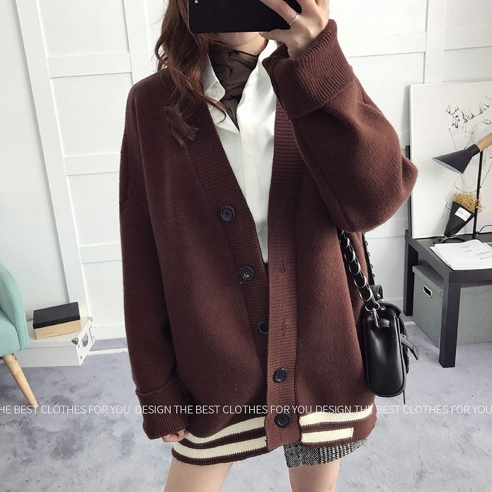 レディース　トップス　カーディガン　アウター　ニット　春　秋　シンプル　無地　ボタン　ライン　カジュアル　可愛い　フェミニン　ゆったり　おしゃれ　通勤　通学　ブラック　ブラウン　グレー　送料無料