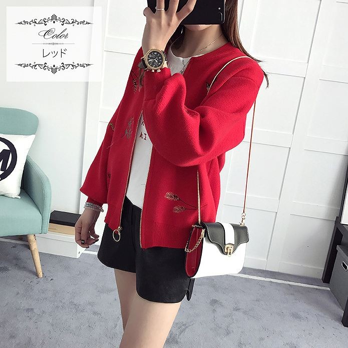 レディース　トップス　カーディガン　ジャケット　アウター　ニット　春　秋　シンプル　花柄　刺繍　カジュアル　可愛い　フェミニン　おしゃれ　普段着　通勤　通学　レッド　ピンク　送料無料