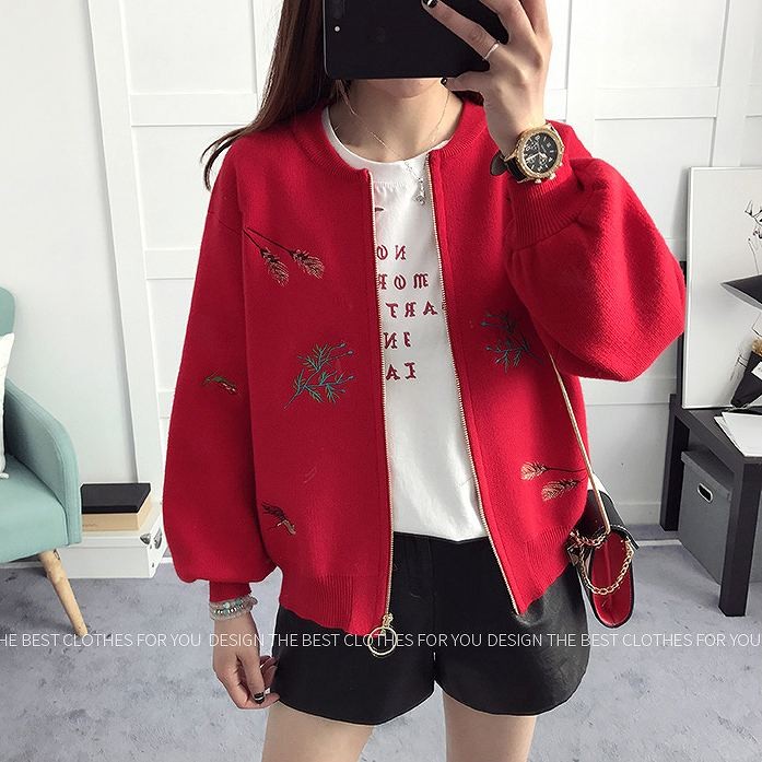 レディース　トップス　カーディガン　ジャケット　アウター　ニット　春　秋　シンプル　花柄　刺繍　カジュアル　可愛い　フェミニン　おしゃれ　普段着　通勤　通学　レッド　ピンク　送料無料