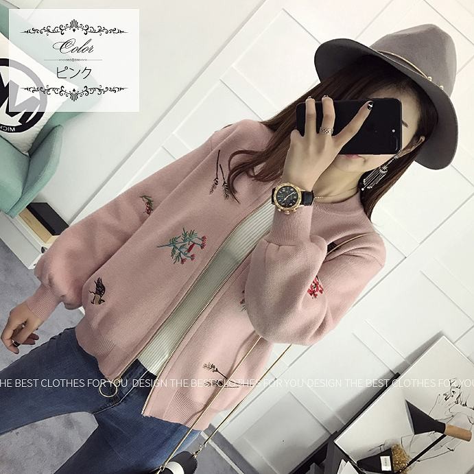 レディース　トップス　カーディガン　ジャケット　アウター　ニット　春　秋　シンプル　花柄　刺繍　カジュアル　可愛い　フェミニン　おしゃれ　普段着　通勤　通学　レッド　ピンク　送料無料