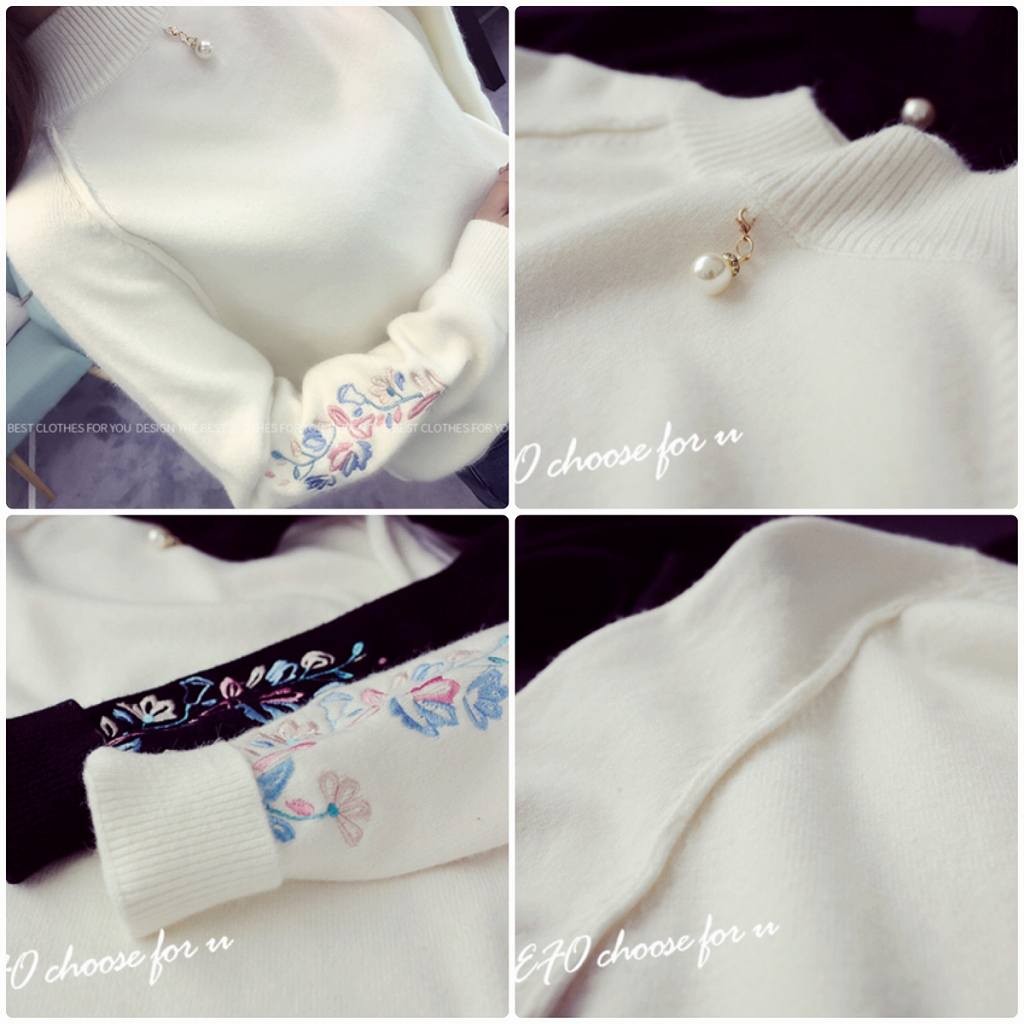 レディース　ニット　セーター　刺繍　花柄　長袖　シングルネック　トップス　カジュアル　キュート　大人　可愛い　フェミニン　おしゃれ　お出かけ　デイリー　ブラック　レッド　ピンク　ホワイト　フリーサイズ　ワンサイズ　送料無料