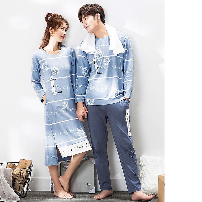 レディース　メンズ　パジャマ　ナイトウェア　ネグリジュ　上下セット　ラウンドネック　ボーダー　長袖　ロングパンツ　カジュアル　大きいサイズ　ペアルック　お揃い　リラックス　ルームウェア　ラフスタイル　ブルー　送料無料