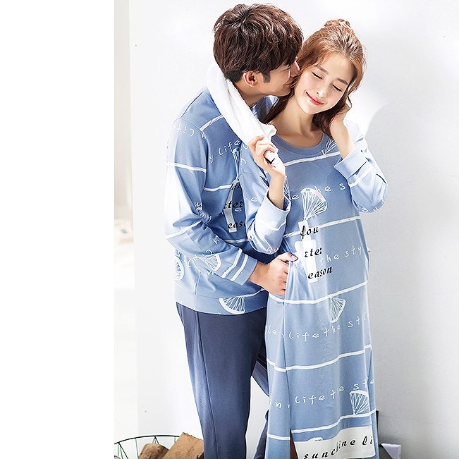 レディース　メンズ　パジャマ　ナイトウェア　ネグリジュ　上下セット　ラウンドネック　ボーダー　長袖　ロングパンツ　カジュアル　大きいサイズ　ペアルック　お揃い　リラックス　ルームウェア　ラフスタイル　ブルー　送料無料