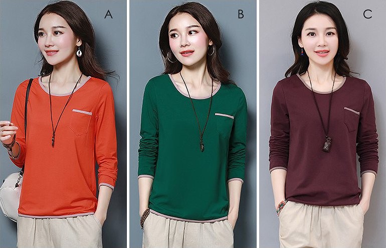 レディース　トップス　Tシャツ　長袖　コットン　シンプル　ポケット付　大きいサイズ　スリム　おしゃれ　カジュアル　大人可愛い　フェミニン　デート　お出かけ　普段着　ホワイト　ブラック　ブルー　グリーン　オレンジ　ベージュ　ピンク　送料無料
