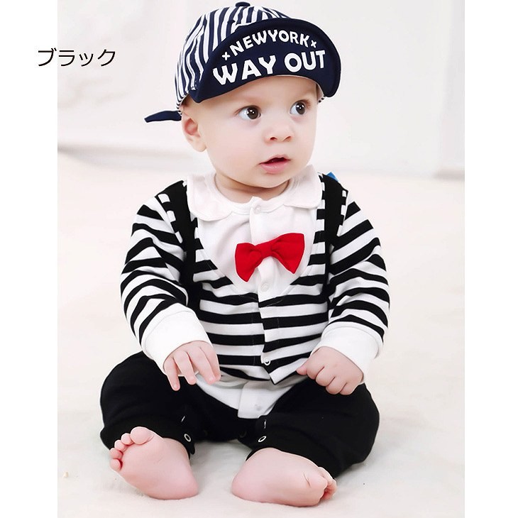 ベビー　キッズ　子供服　男　男の子　長袖　ロンパース　カバーオール　つなぎ　ボーダー　蝶ネクタイ　リボン　ホワイト　白　ブラック　黒　送料無料