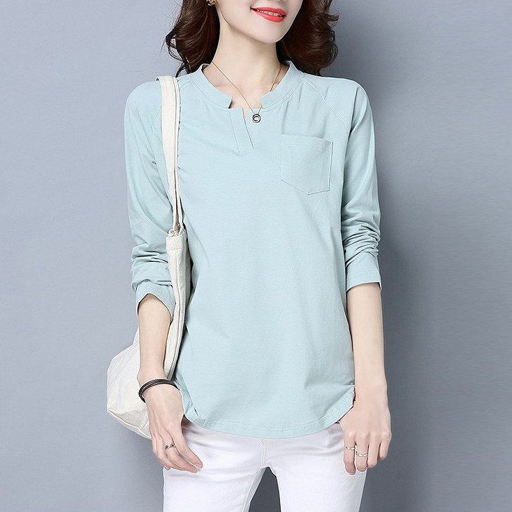 レディース　トップス　Tシャツ　長袖　無地　キーホールネック　綿　シンプル　大きいサイズ　ゆったり　おしゃれ　カジュアル　大人可愛い　フェミニン　デート　お出かけ　通勤　普段着　　ブルー　ピンク　ホワイト　ブラック　グリーン　送料無料