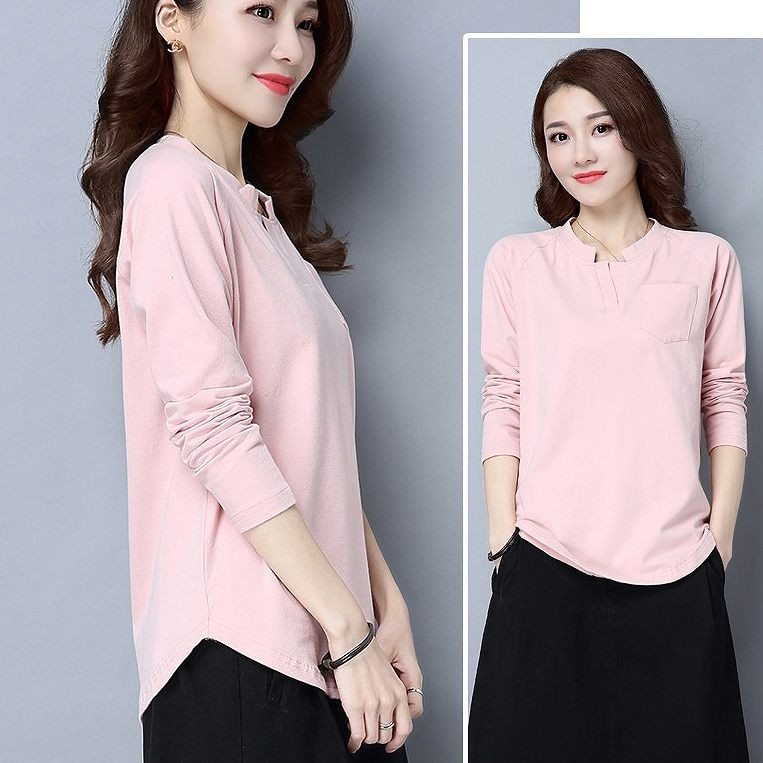 レディース　トップス　Tシャツ　長袖　無地　キーホールネック　綿　シンプル　大きいサイズ　ゆったり　おしゃれ　カジュアル　大人可愛い　フェミニン　デート　お出かけ　通勤　普段着　　ブルー　ピンク　ホワイト　ブラック　グリーン　送料無料