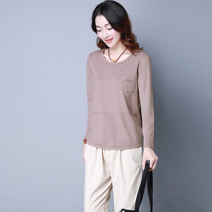 レディース　トップス　Tシャツ　長袖　無地　カットソー　綿　シンプル　ポケット付　大きいサイズ　ゆったり　おしゃれ　カジュアル　大人可愛い　フェミニン　デート　お出かけ　普段着　グリーン　ピンク　ホワイト　オレンジ　パープル　イエロー　送料無料