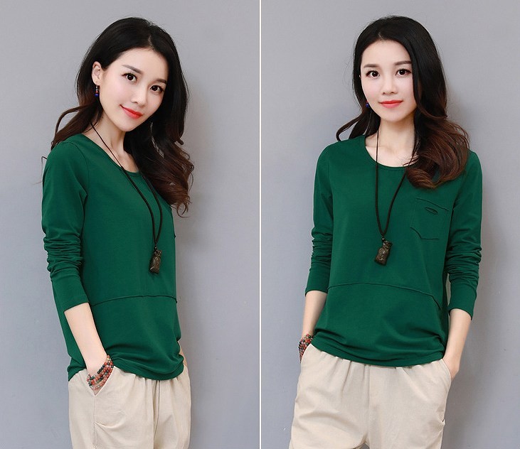 レディース　トップス　Tシャツ　長袖　無地　カットソー　綿　シンプル　ポケット付　大きいサイズ　ゆったり　おしゃれ　カジュアル　大人可愛い　フェミニン　デート　お出かけ　普段着　グリーン　ピンク　ホワイト　オレンジ　パープル　イエロー　送料無料