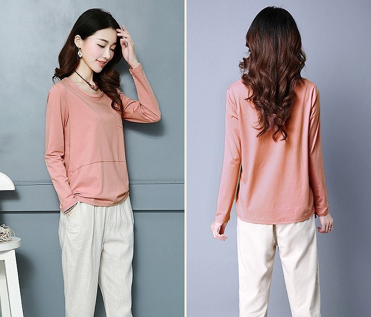 レディース　トップス　Tシャツ　長袖　無地　カットソー　綿　シンプル　ポケット付　大きいサイズ　ゆったり　おしゃれ　カジュアル　大人可愛い　フェミニン　デート　お出かけ　普段着　グリーン　ピンク　ホワイト　オレンジ　パープル　イエロー　送料無料