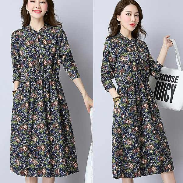 レディース　ワンピース　ロングスカート　長袖　花柄　コットン　綿100％　秋　カジュアル　大きいサイズ　フェミニン　キュート　可愛い　おしゃれ　セクシー　落ち着いた　上品　レッド　ブルー　送料無料