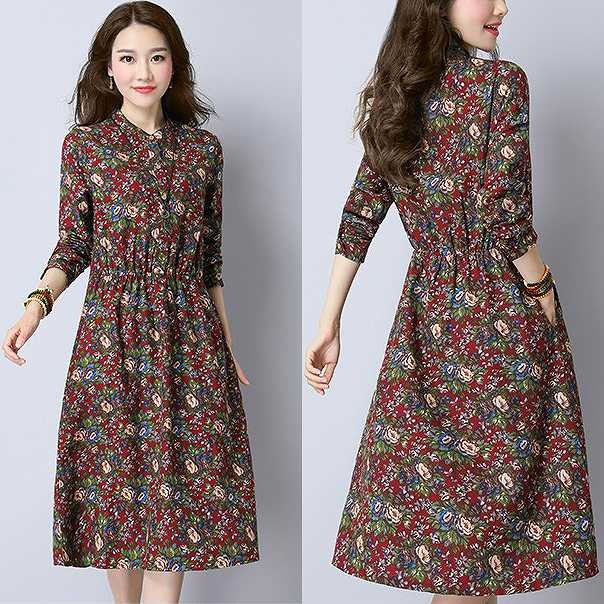 レディース　ワンピース　ロングスカート　長袖　花柄　コットン　綿100％　秋　カジュアル　大きいサイズ　フェミニン　キュート　可愛い　おしゃれ　セクシー　落ち着いた　上品　レッド　ブルー　送料無料