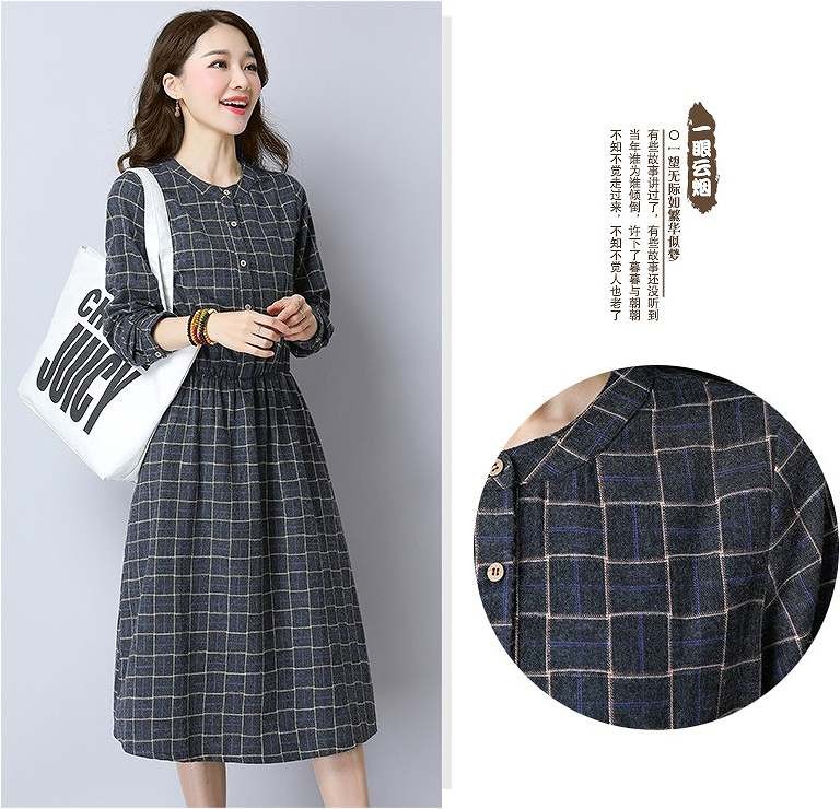 レディース　ワンピース　シャツワンピ　長袖　ロング丈　チェック柄　コットン　綿　ノーカラー　カジュアル　フェミニン　キュート　可愛い　おしゃれ　セクシー　ゆったり　大きいサイズ　普段着　デート　ブラウン　グレー送料無料