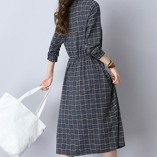 レディース　ワンピース　シャツワンピ　長袖　ロング丈　チェック柄　コットン　綿　ノーカラー　カジュアル　フェミニン　キュート　可愛い　おしゃれ　セクシー　ゆったり　大きいサイズ　普段着　デート　ブラウン　グレー送料無料