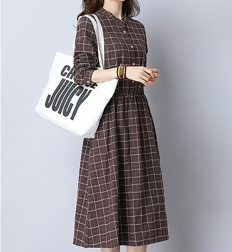 レディース　ワンピース　シャツワンピ　長袖　ロング丈　チェック柄　コットン　綿　ノーカラー　カジュアル　フェミニン　キュート　可愛い　おしゃれ　セクシー　ゆったり　大きいサイズ　普段着　デート　ブラウン　グレー送料無料