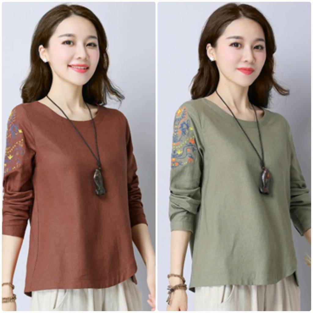 レディース　ロングTシャツ　ロンT　刺繍　花柄　ブラウス　シャツ　ラウンドネック　トップス　カジュアル　キュート　大人　可愛い　フェミニン　おしゃれ　お出かけ　デイリー　オリーブ　ブラック　ブラウン　Ｍ　Ｌ　XL　2XL　3XL　4XL　大きいサイズ　送料無料
