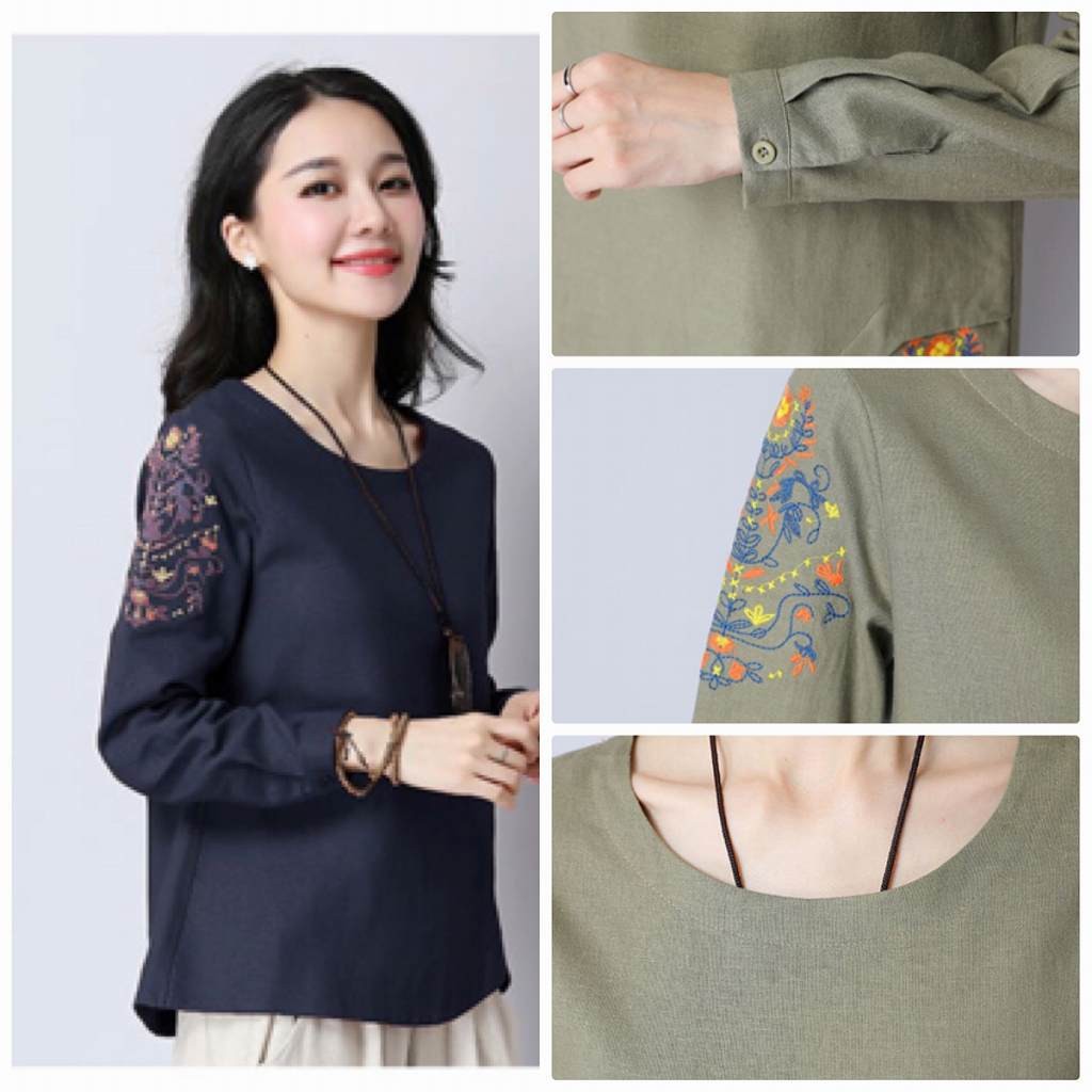 レディース　ロングTシャツ　ロンT　刺繍　花柄　ブラウス　シャツ　ラウンドネック　トップス　カジュアル　キュート　大人　可愛い　フェミニン　おしゃれ　お出かけ　デイリー　オリーブ　ブラック　ブラウン　Ｍ　Ｌ　XL　2XL　3XL　4XL　大きいサイズ　送料無料
