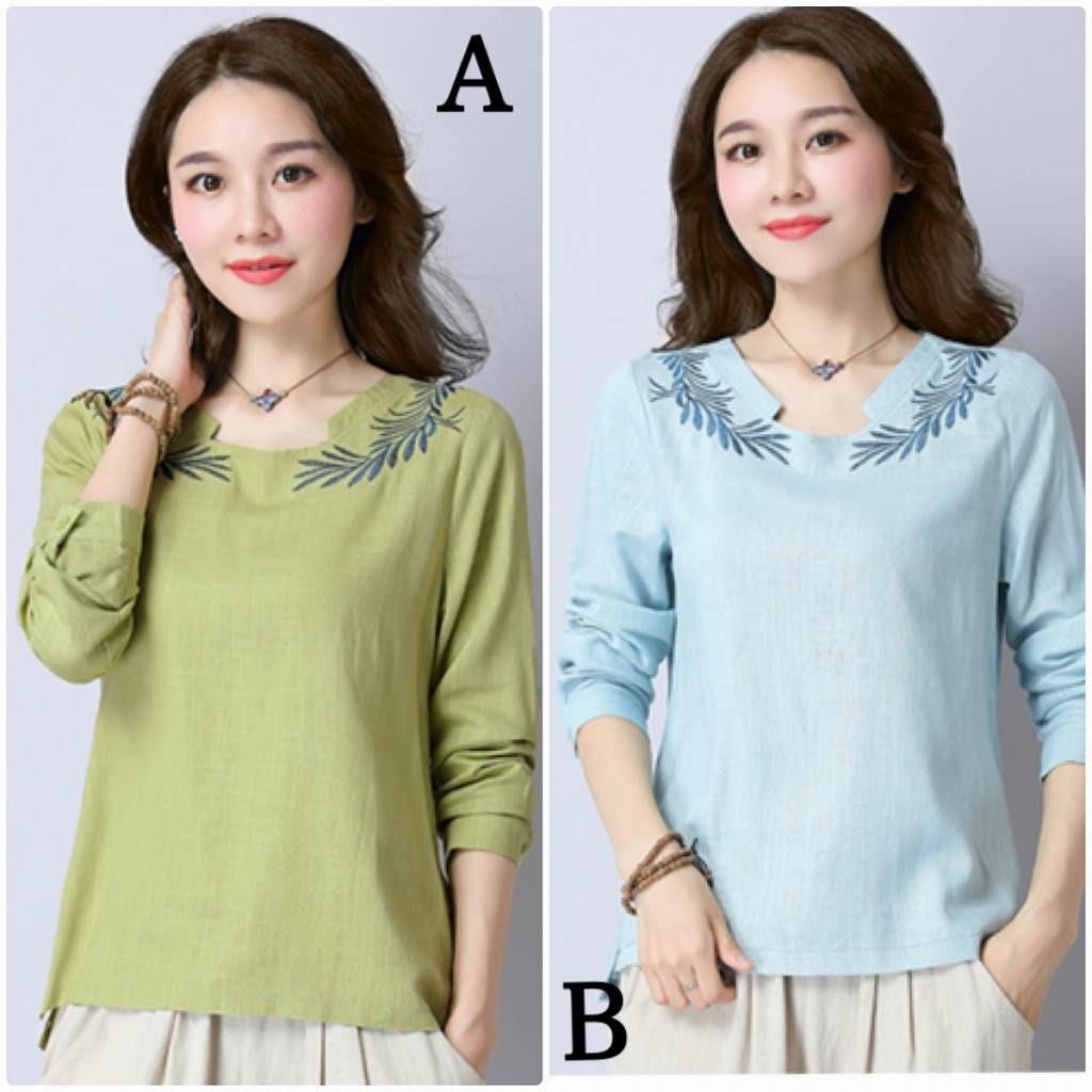 レディース　リネン　ロングTシャツ　ロンT　刺繍　ブラウス　シャツ　ラウンドネック　トップス　カジュアル　キュート　大人　可愛い　フェミニン　セクシー　おしゃれ　お出かけ　デイリー　グリーン　ブルー　Ｍ　Ｌ　XL　2XL　3XL　4XL　大きいサイズ　送料無料
