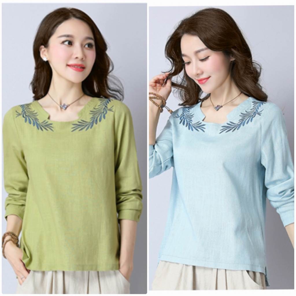レディース　リネン　ロングTシャツ　ロンT　刺繍　ブラウス　シャツ　ラウンドネック　トップス　カジュアル　キュート　大人　可愛い　フェミニン　セクシー　おしゃれ　お出かけ　デイリー　グリーン　ブルー　Ｍ　Ｌ　XL　2XL　3XL　4XL　大きいサイズ　送料無料