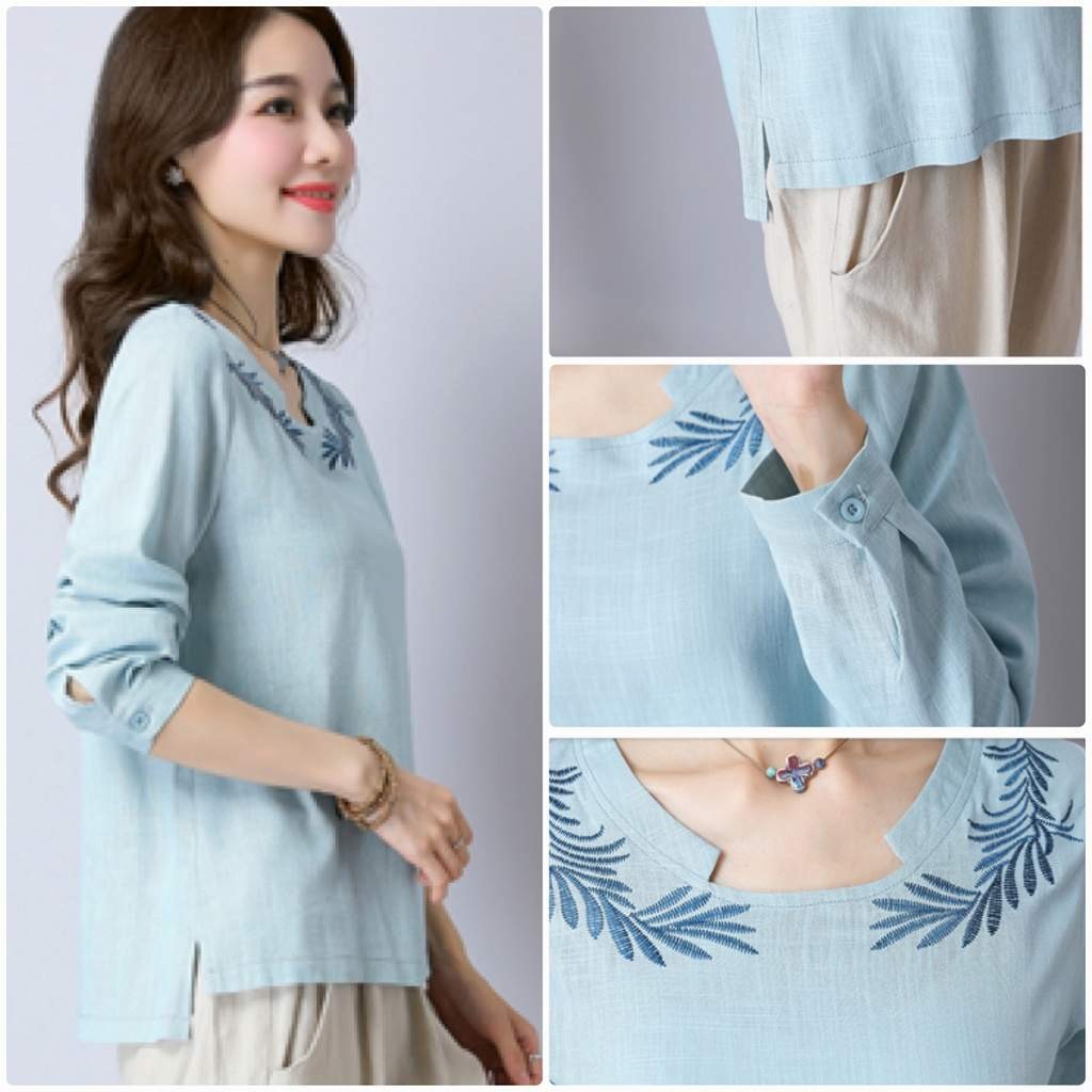 レディース　リネン　ロングTシャツ　ロンT　刺繍　ブラウス　シャツ　ラウンドネック　トップス　カジュアル　キュート　大人　可愛い　フェミニン　セクシー　おしゃれ　お出かけ　デイリー　グリーン　ブルー　Ｍ　Ｌ　XL　2XL　3XL　4XL　大きいサイズ　送料無料