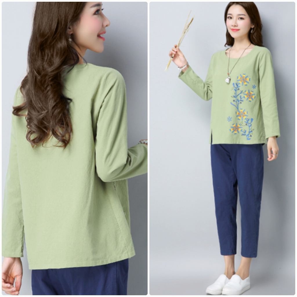 レディース　ロングTシャツ　ロンT　Uネック　刺繍　花柄　トップス　カジュアル　キュート　大人　可愛い　フェミニン　セクシー　おしゃれ　お出かけ　デイリー　グリーン　ピンク　オレンジ　Ｍ　Ｌ　XL　2XL　3XL　大きいサイズ　送料無料