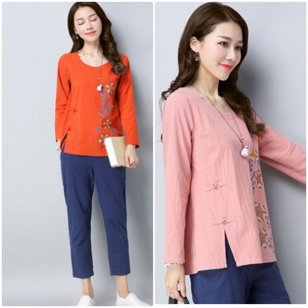 レディース　ロングTシャツ　ロンT　Uネック　刺繍　花柄　トップス　カジュアル　キュート　大人　可愛い　フェミニン　セクシー　おしゃれ　お出かけ　デイリー　グリーン　ピンク　オレンジ　Ｍ　Ｌ　XL　2XL　3XL　大きいサイズ　送料無料