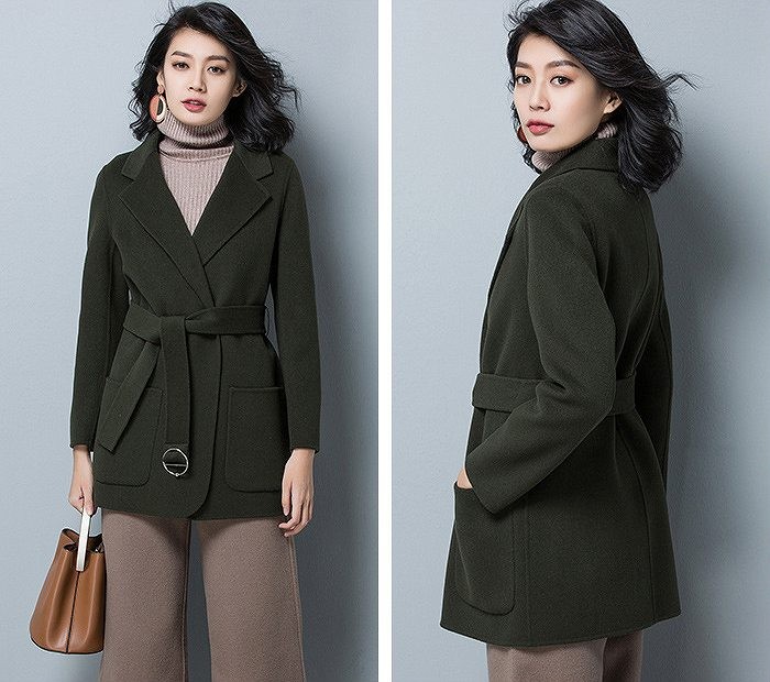 レディース　アウター　ウール　トレンチコート　ショート丈　ゆったり　無地　長袖　カジュアル　大人可愛い　フェミニン　オフィス　OL　通勤　防寒　秋冬　デート　お出かけ　デイリー　レッド　オリーブ　ブラウン　オフホワイト　送料無料