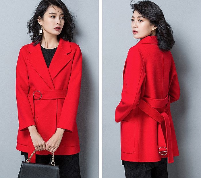 レディース　アウター　ウール　トレンチコート　ショート丈　ゆったり　無地　長袖　カジュアル　大人可愛い　フェミニン　オフィス　OL　通勤　防寒　秋冬　デート　お出かけ　デイリー　レッド　オリーブ　ブラウン　オフホワイト　送料無料