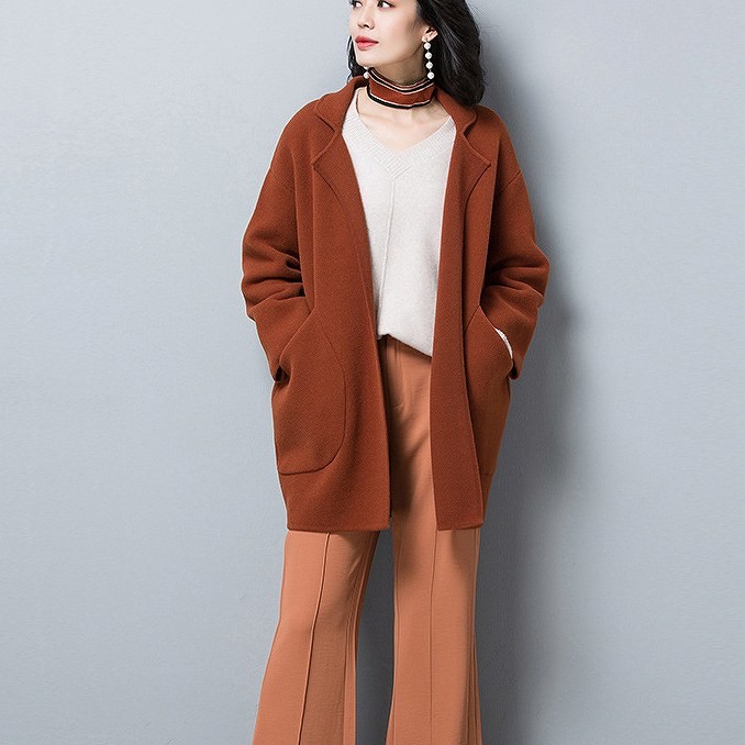 レディース　アウター　ウール　ジャケット　ミディ丈　ゆったり　無地　長袖　フリーサイズ　カジュアル　大人可愛い　フェミニン　オフィス　OL　通勤　秋冬　デート　お出かけ　デイリー　ブラウン　オフホワイト　ブラック　送料無料