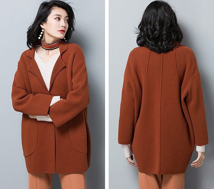 レディース　アウター　ウール　ジャケット　ミディ丈　ゆったり　無地　長袖　フリーサイズ　カジュアル　大人可愛い　フェミニン　オフィス　OL　通勤　秋冬　デート　お出かけ　デイリー　ブラウン　オフホワイト　ブラック　送料無料