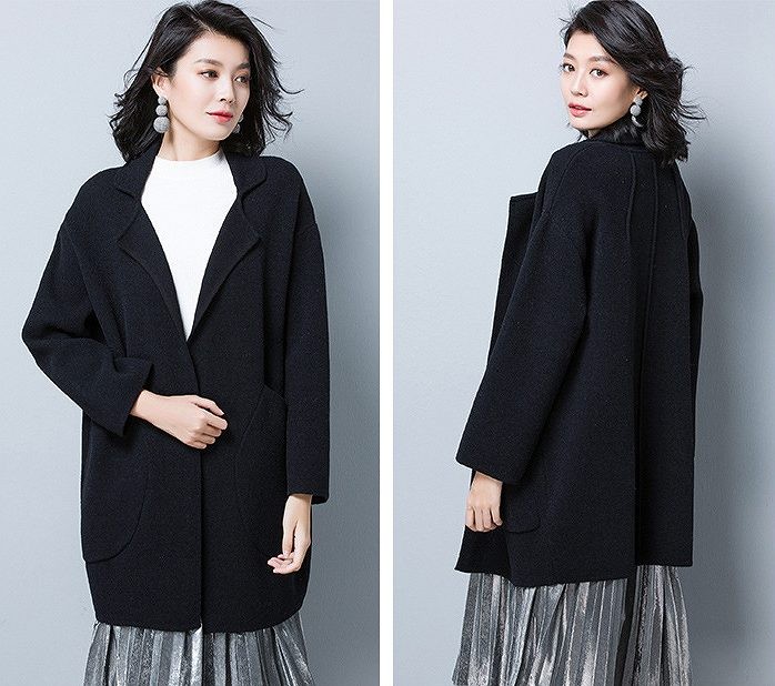 レディース　アウター　ウール　ジャケット　ミディ丈　ゆったり　無地　長袖　フリーサイズ　カジュアル　大人可愛い　フェミニン　オフィス　OL　通勤　秋冬　デート　お出かけ　デイリー　ブラウン　オフホワイト　ブラック　送料無料