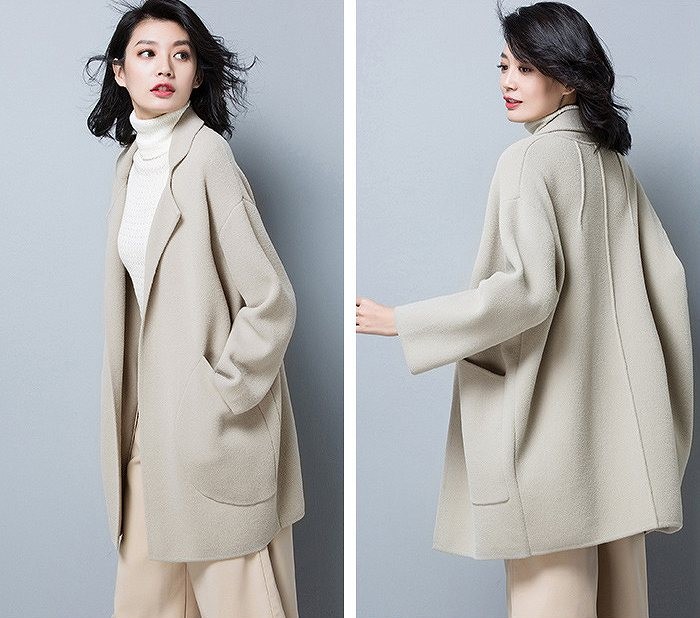 レディース　アウター　ウール　ジャケット　ミディ丈　ゆったり　無地　長袖　フリーサイズ　カジュアル　大人可愛い　フェミニン　オフィス　OL　通勤　秋冬　デート　お出かけ　デイリー　ブラウン　オフホワイト　ブラック　送料無料